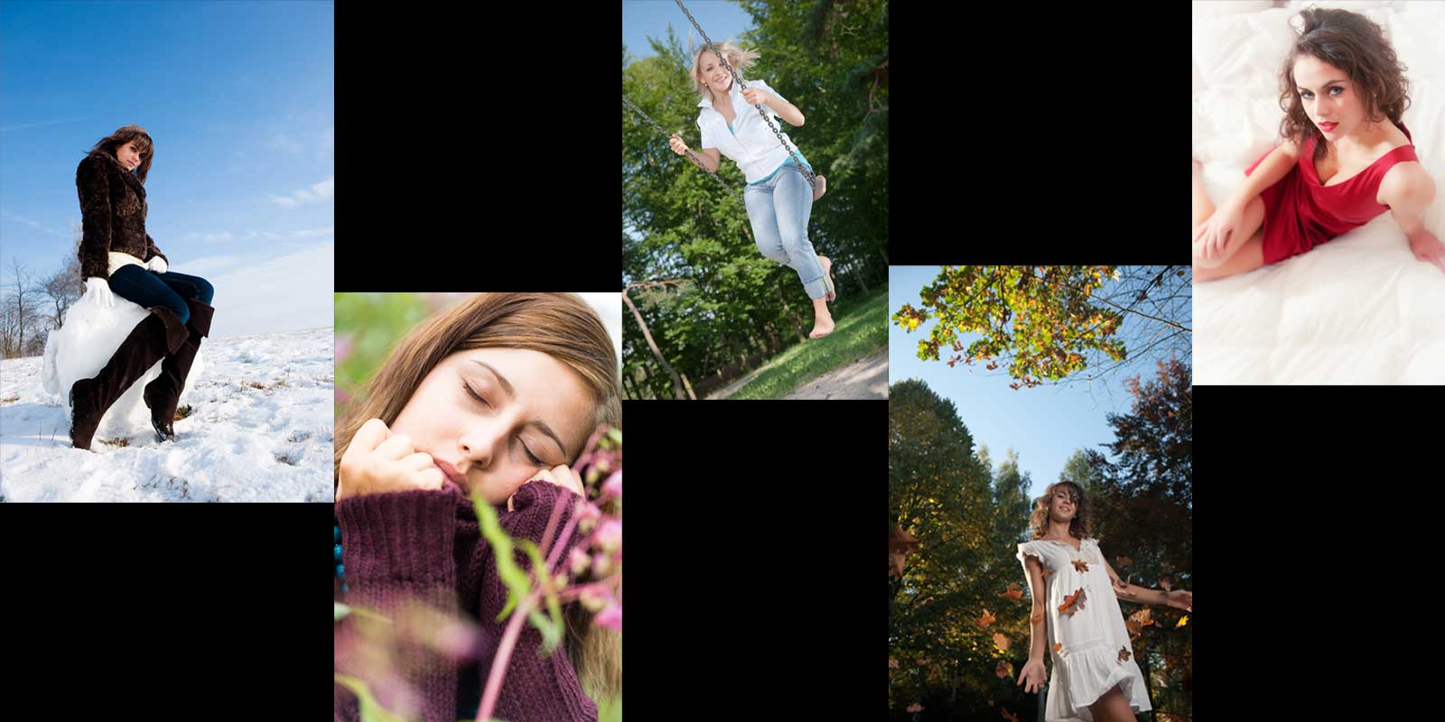 Collage aus Fotos von Fotoshootings, welche ganzjährig stattfinden können von Fotograf Rainer Rössler aus Singen bei Radolfzell am Bodensee
