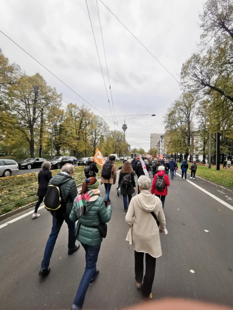 Menschen laufen mit Flaggen bei einer Demo auf der Straße Richtung Landtagwiese Düsseldorf. IM Hintergrund ist der Rheinturm zu sehen. Links stehen Autos im Stau.