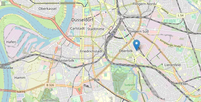 Landkartenausschnitt von OpenStreetMap mit Markierung von einem Ort in Düsseldorf, Deutschland