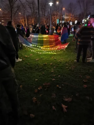 winterpride 2023 düsseldorf deutschland nordrhein-westfalen wiese baumblätter beleuchtet regenbogen stoff menschen straße stadt Hochformat Foto mit viele grüner Wiesenfläche und Laubblättern und mit Menschen welche eine Regenbogenfläche beleuchtet per Lichterkette in der Hand halten. Im Hintergrund ist das Bauwerk einer Straßenbahn zu sehen.
