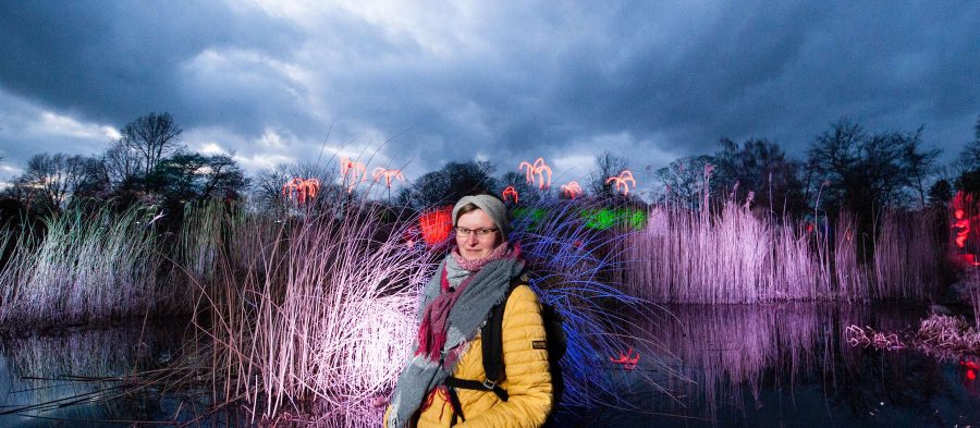 Personenfotograf Essen - Die Ruhe vor dem Sturm - Parkleuchten Grugapark Gruga Stadt Essen bewölkt Wolken magisch mystisch Frau Wasser Schilf verträumt verspielt leuchten Lichtermeer