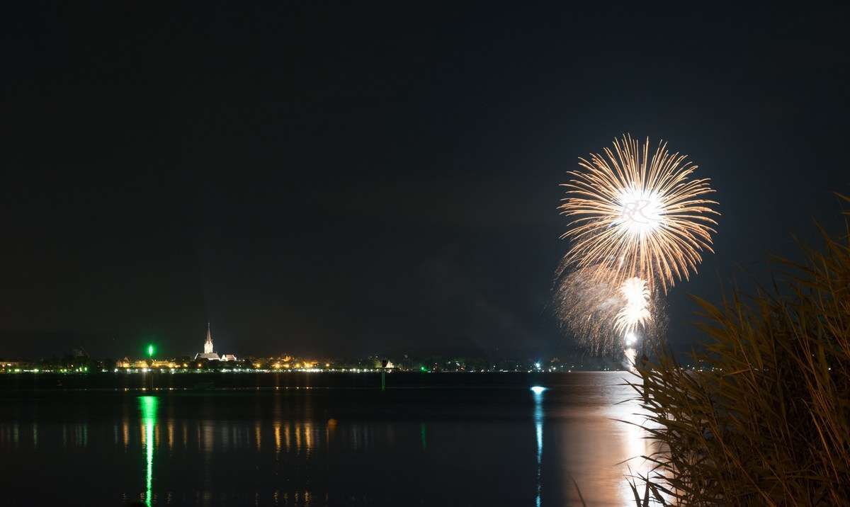 Radolfzeller Feuerwerk des Hausherrenfests gesehen von Moos. Fotografiert von Fotograf Rainer Rössler